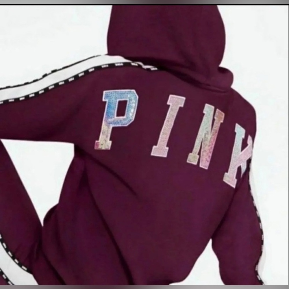 Victoria Secret Pink Zip Up Rare Maroon Black Fur Lined Hood Iridescent Sequin M